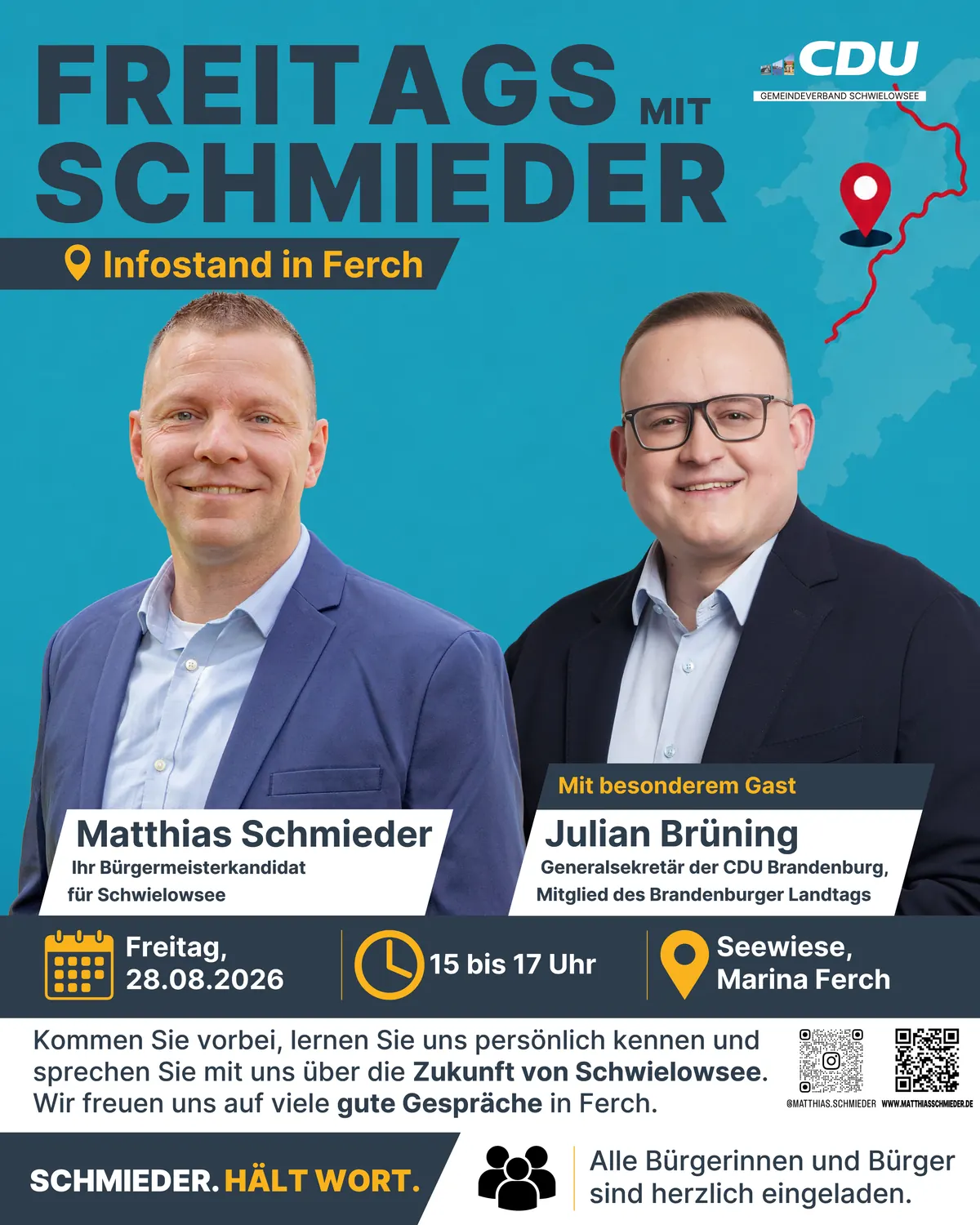 Kampagnenmotiv: Infostand an der Seewiese in Ferch am 28.08.2026 mit Matthias Schmieder und Generalsekretär Julian Brüning