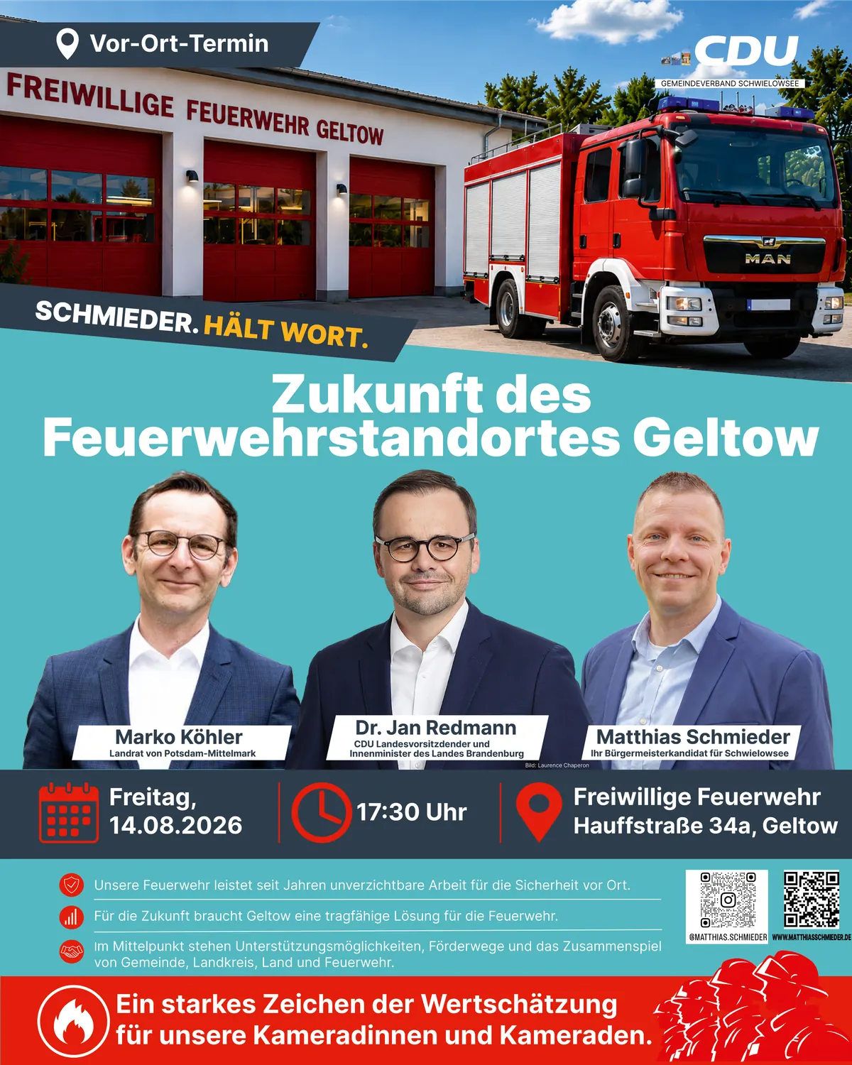 Kampagnenmotiv: Vor-Ort-Termin zur Zukunft des Feuerwehrstandortes Geltow am 14.08.2026 mit Marko Köhler, Dr. Jan Redmann und Matthias Schmieder