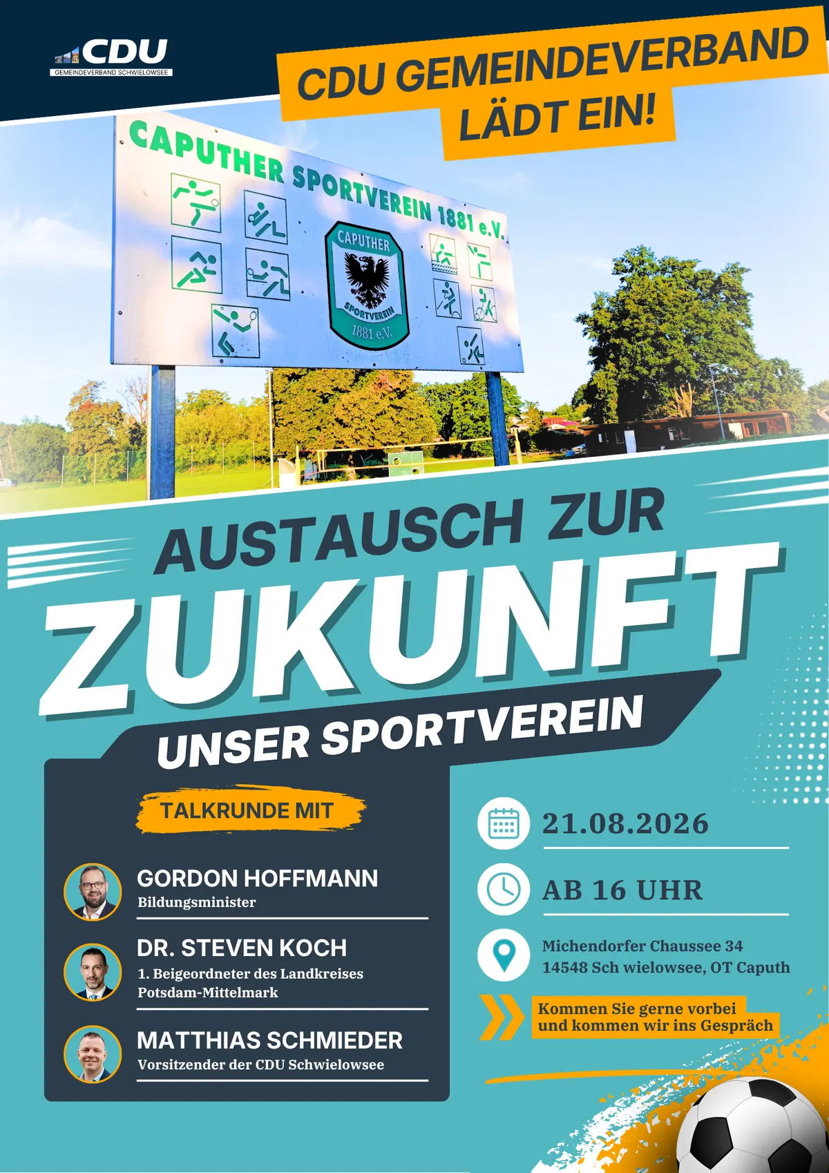 Kampagnenmotiv: Austausch zur Zukunft unserer Sportvereine am 21.08.2026 in Caputh mit Gordon Hoffmann, Dr. Steven Koch und Matthias Schmieder