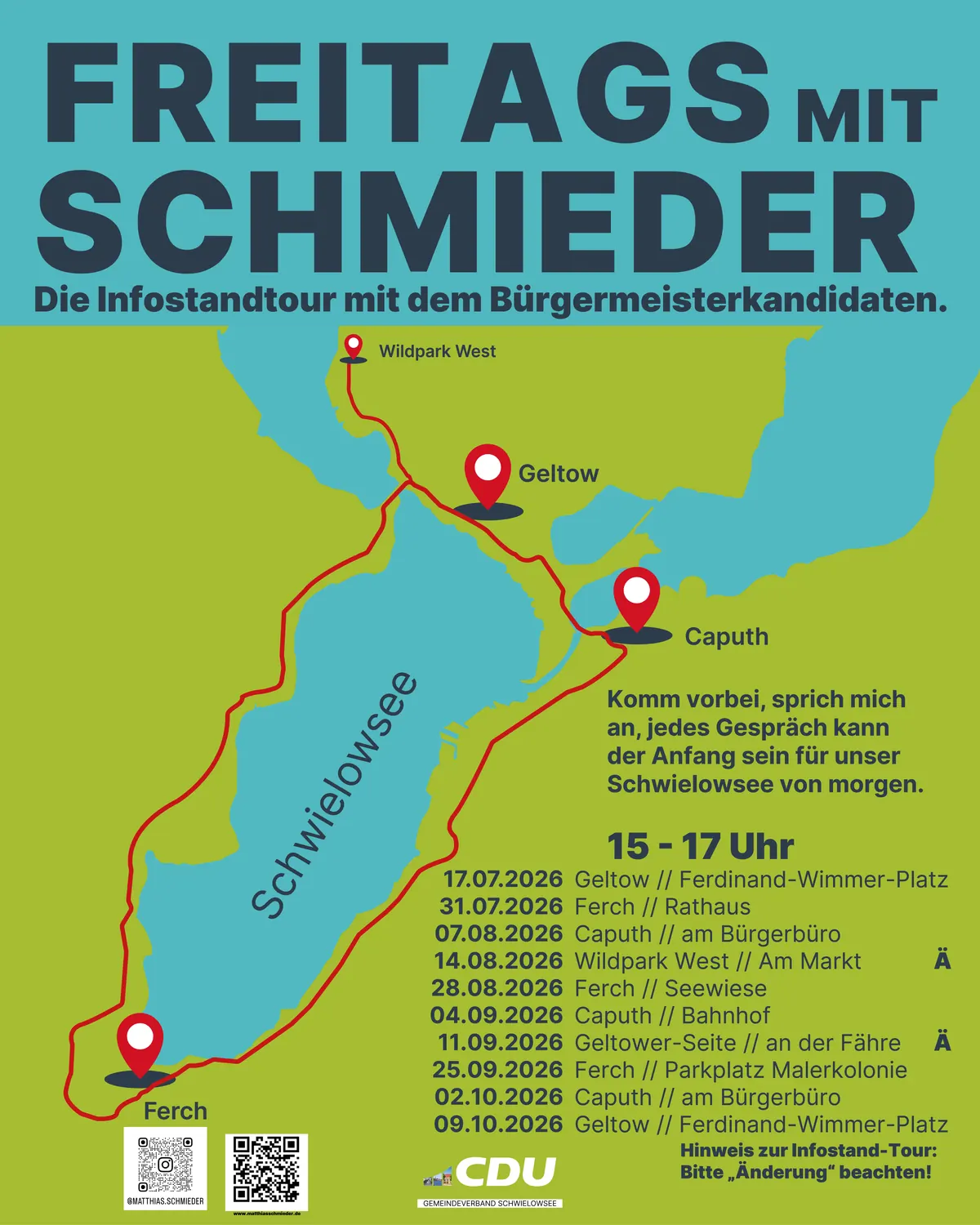 Übersichtskarte der Infostand-Tour „Freitags mit Schmieder“ mit allen Stationen in Geltow, Ferch, Caputh und Wildpark West