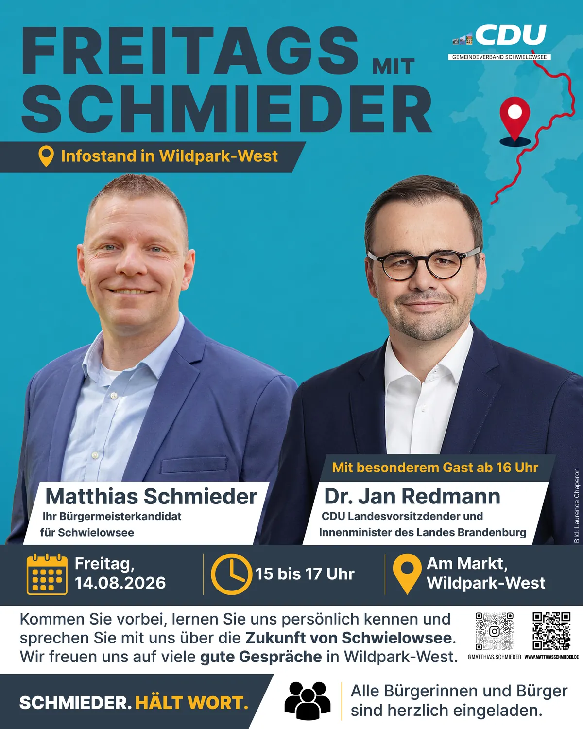 Kampagnenmotiv: Infostand in Wildpark-West am 14.08.2026 mit Matthias Schmieder und Innenminister Dr. Jan Redmann